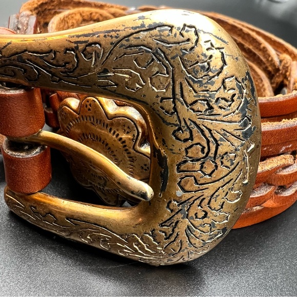 Vintage Fossil Women’s Flower Concho Brown Leather Belt Western Studded 34’lengt - Picture 5 of 13